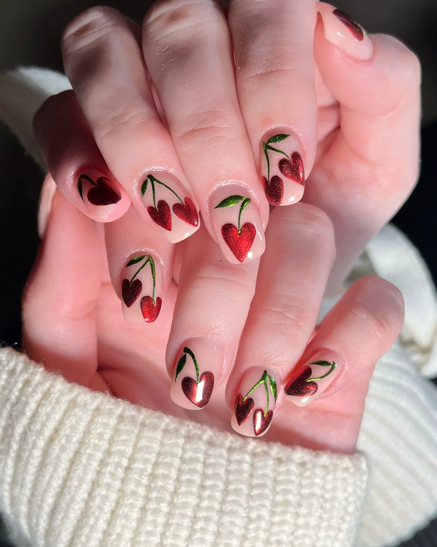 cherries hearts nailsbyheather.errington valentines day nails 2024